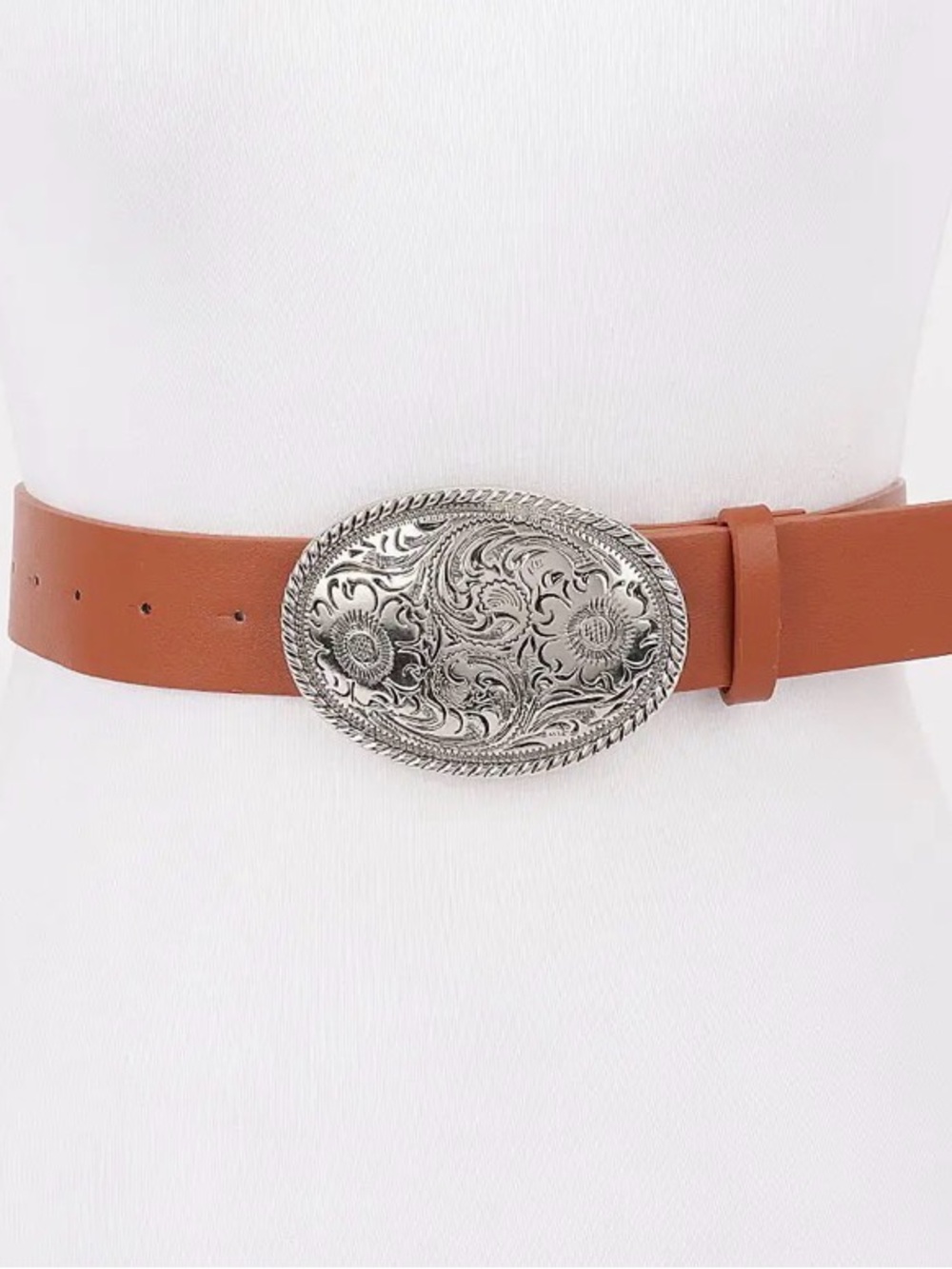 Women's Tan Western Faux Leather Belt with Decorative Silver Tone Buckle